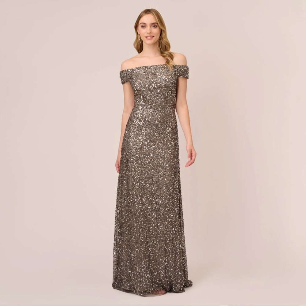 Adrianna Papell Elegant Off-Shoulder Grey Sequin Gown